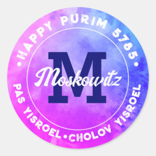 Happy Purim Watercolor Monogram Kosher Info  Class Classic Round Sticker