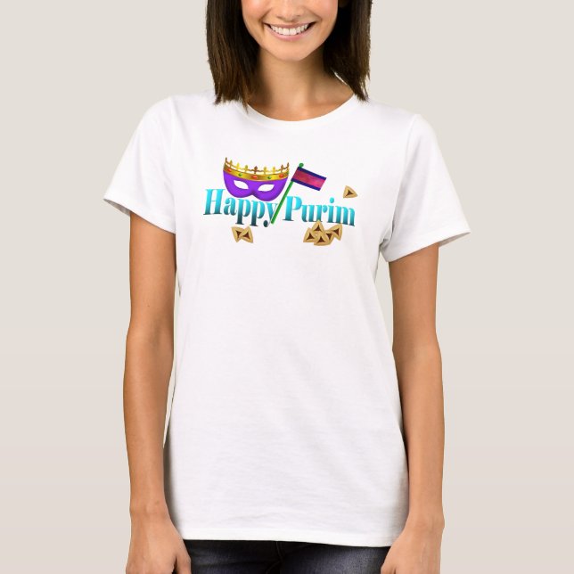 Happy Purim with Mask, Gragger, and Hamentaschen T-Shirt (Front)