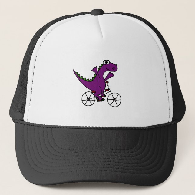 Happy Purple Dinosaur Riding Bicycle Trucker Hat (Front)