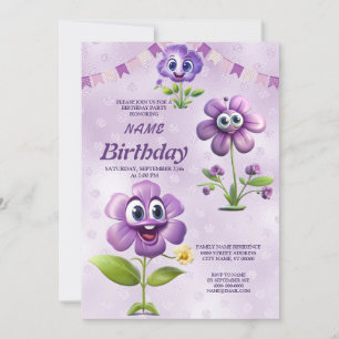 Happy Purple Flowers Birthday Party Invitation