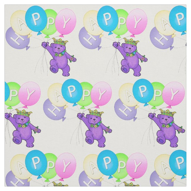 Happy Purple Teddy Bear Princess with Balloons Fabric (Swatch)