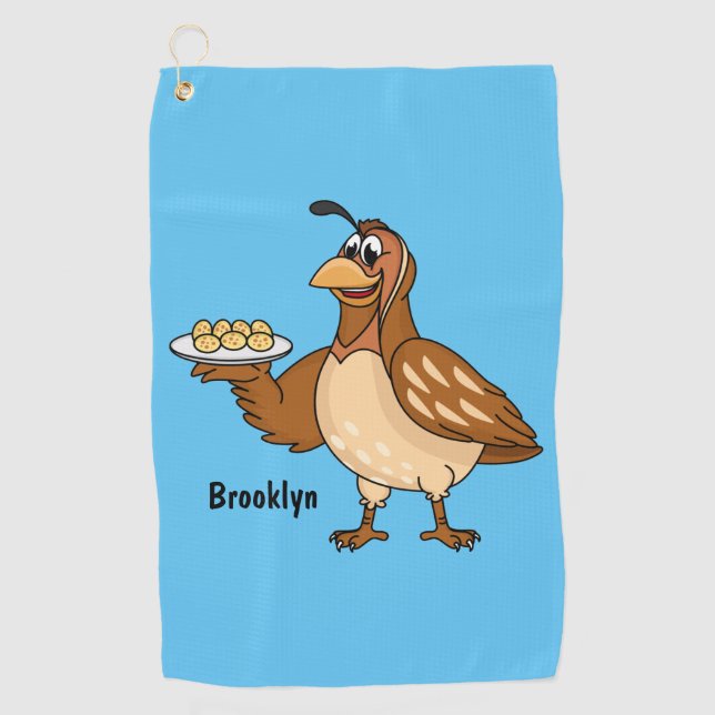 Happy quail with eggs cartoon golf towel (Front)