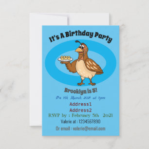 Happy quail with eggs cartoon invitation
