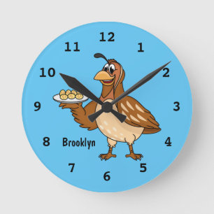 Happy quail with eggs cartoon round clock