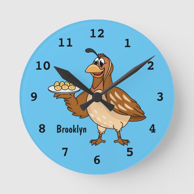 Happy quail with eggs cartoon round clock (Front)