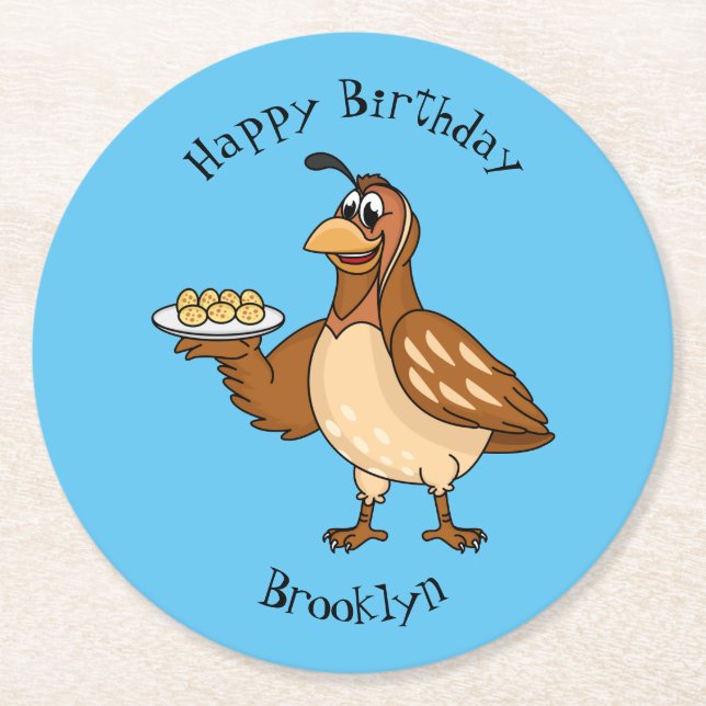 Happy quail with eggs cartoon round paper coaster (Front)