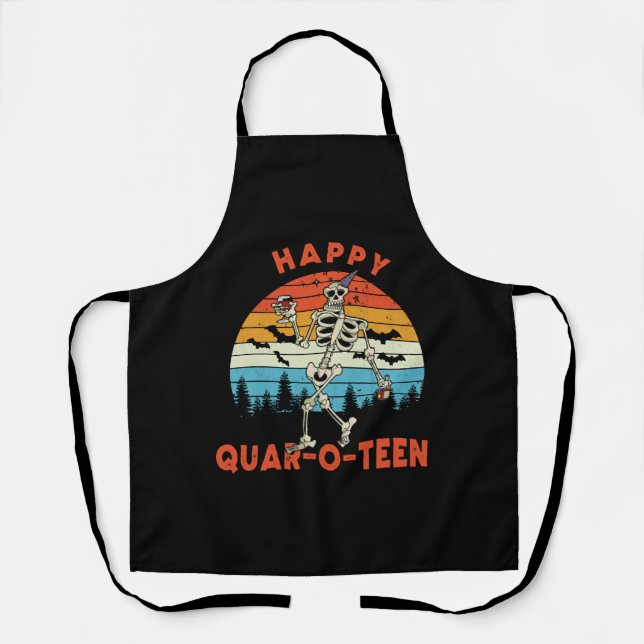 Happy QUAR-O -TEEN Funny Skeletor Wine Halloween Apron (Front)