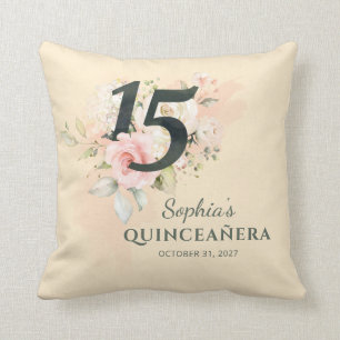 Happy Quinceanera Pink Floral Rustic 15th Birthday Cushion