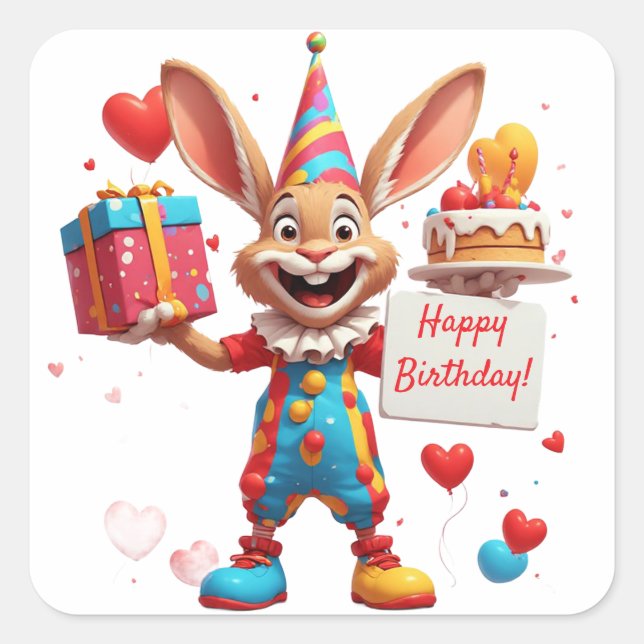 Happy Rabbit Birthday With Gift Box 🥳 Square Sticker (Front)