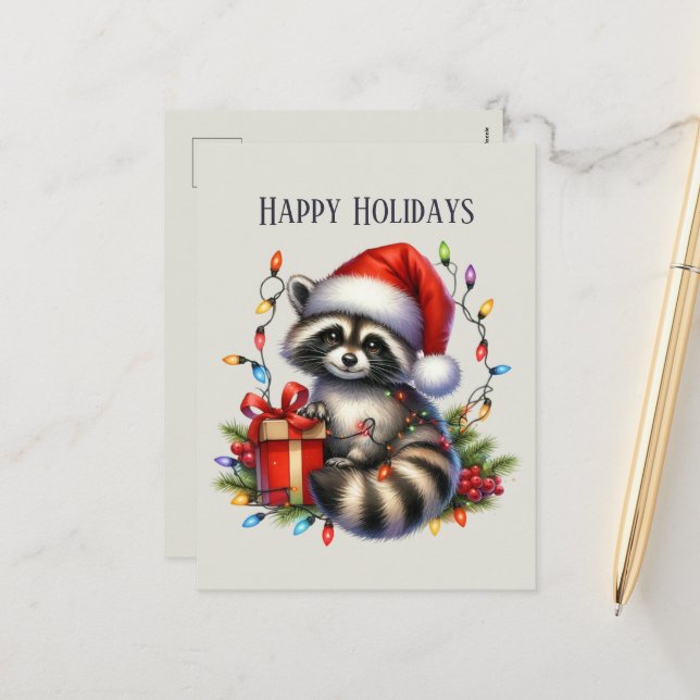 Happy racoon add message  holiday postcard (Front/Back In Situ)