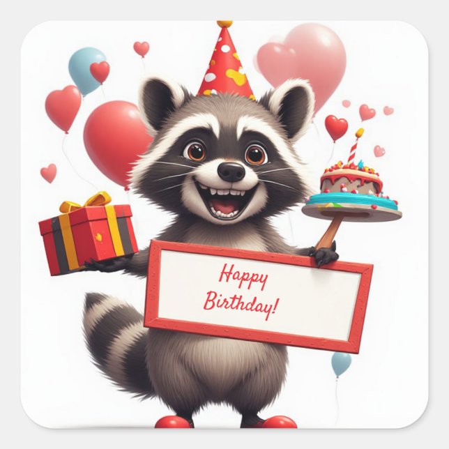 Happy Racoon Birthday With Balloons 🎁 Square Sticker (Front)
