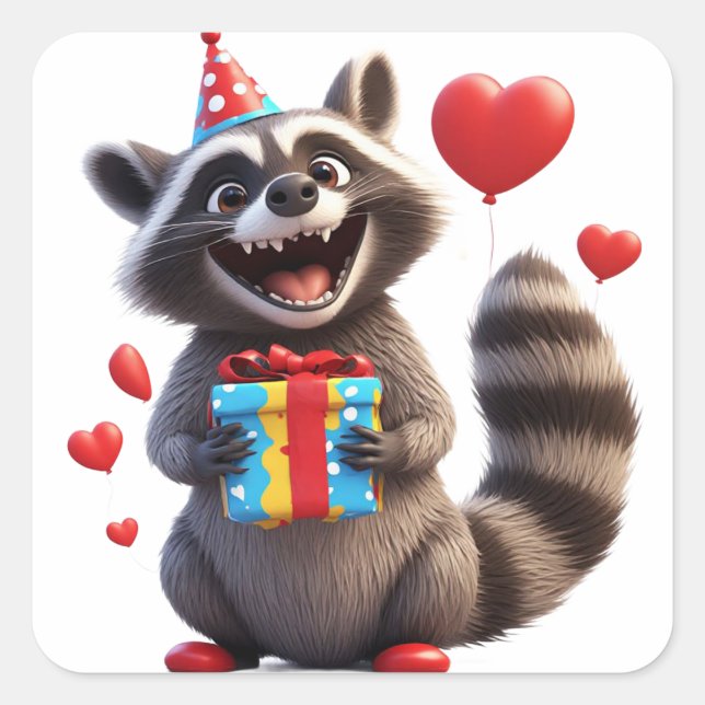 🎁 Happy Racoon With Balloons And Gift Square Sticker (Front)