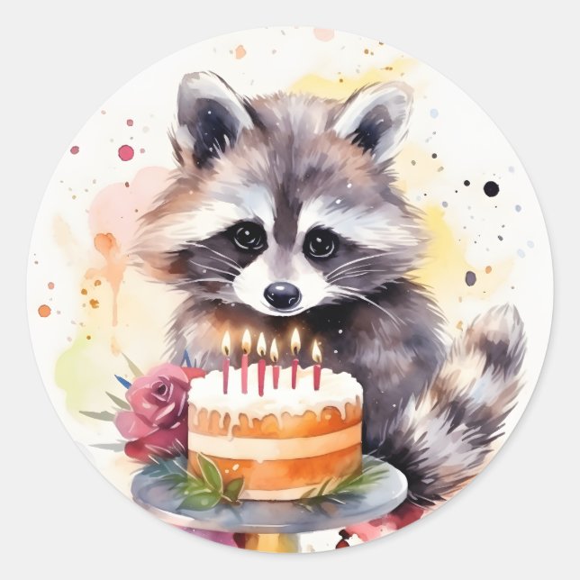 Happy Racoon with Birthday cake Classic Round Sticker (Front)