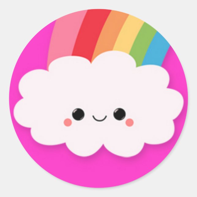 Happy Rainbow Cloud on Hot Pink Classic Round Sticker (Front)