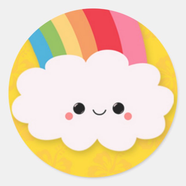 Happy Rainbow Cloud on Yellow Classic Round Sticker (Front)