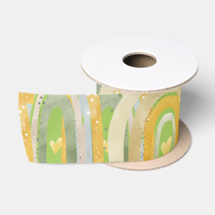 Happy Rainbows Hearts Yellow Green Satin Ribbon