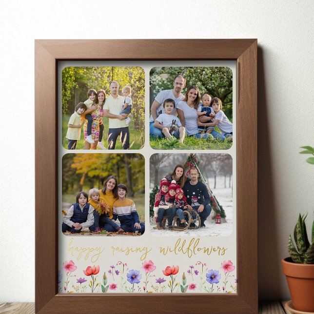 Happy Raising Wildflowers 4 Photo Collage Gold Foil Prints (Happy Raising Wildflowers photo collage with gold foil, from my Mother's Day Wildflower Collection)