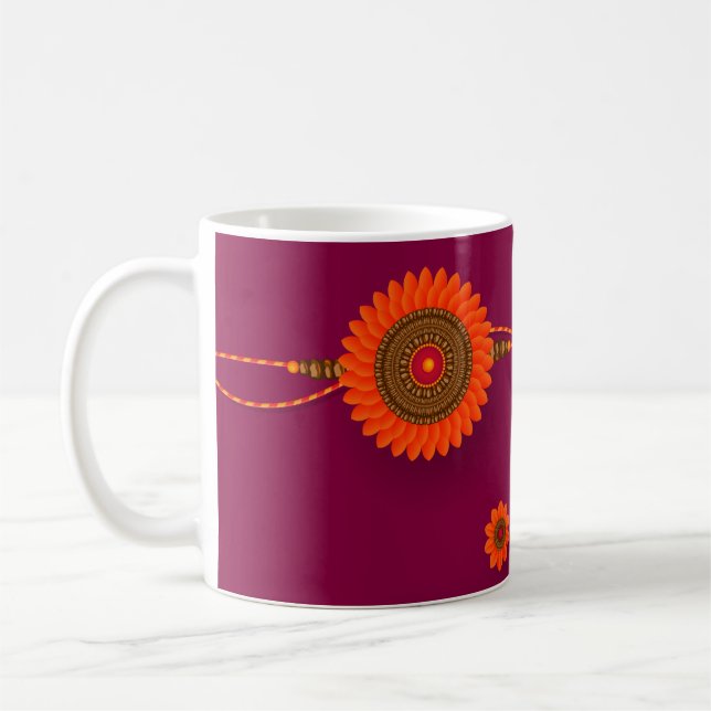 Happy Raksha Bandhan, orange, magenta Coffee Mug (Left)