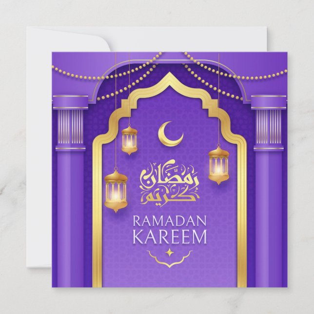 Happy Ramadan Mubarak Gold Crescent Purple Holiday Card (Front)