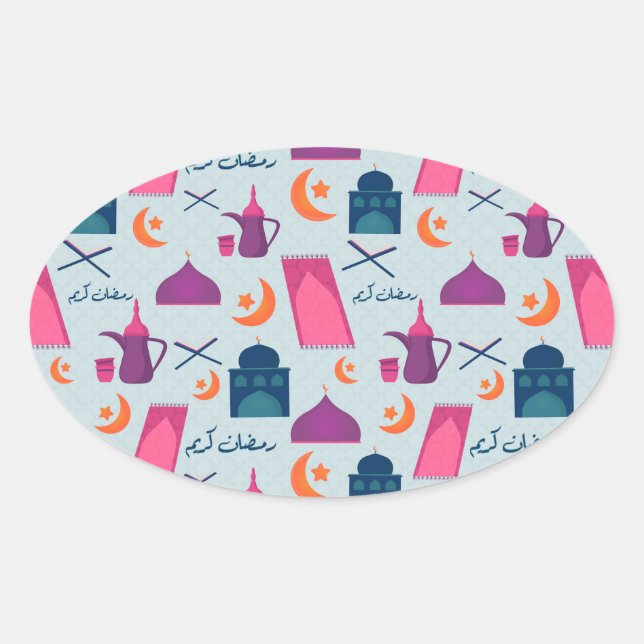 Happy Ramadan Pattern Oval Sticker (Front)