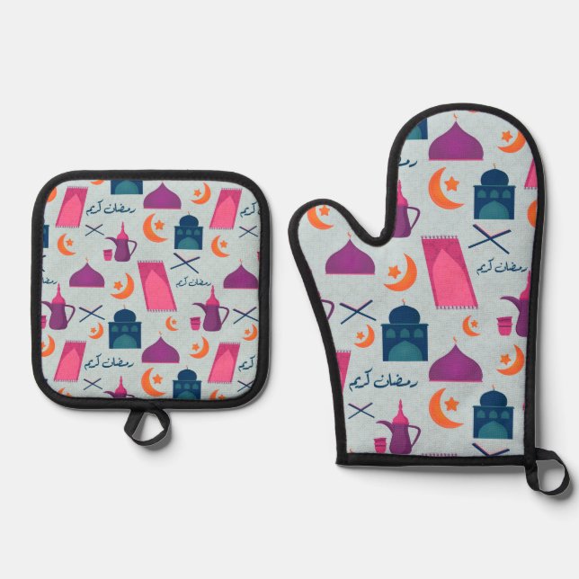 Happy Ramadan Pattern Oven Mitt & Pot Holder Set (Front)