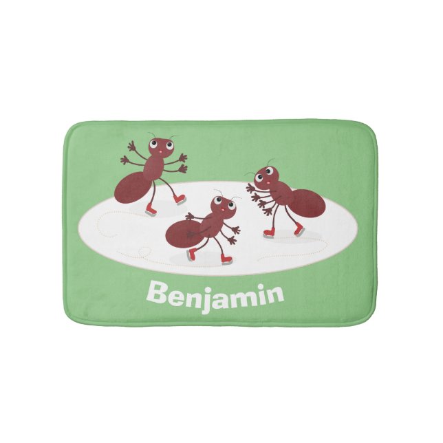 Happy red ants ice skating cartoon bath mat (Front)