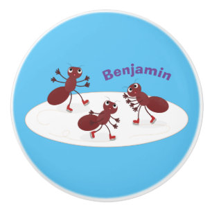 Happy red ants ice skating cartoon ceramic knob