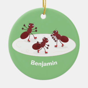 Happy red ants ice skating cartoon ceramic tree decoration