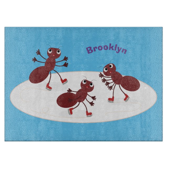 Happy red ants ice skating cartoon cutting board (Front)