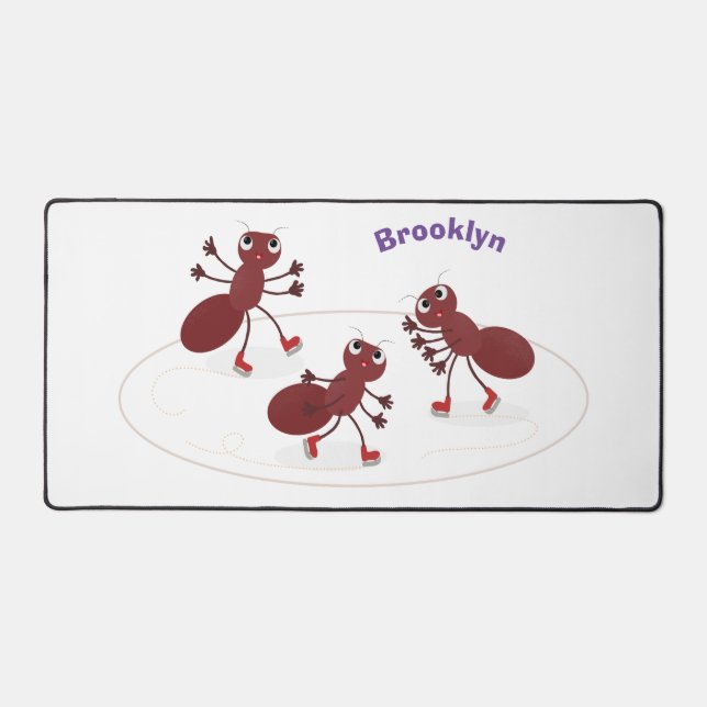 Happy red ants ice skating cartoon desk mat (Front)