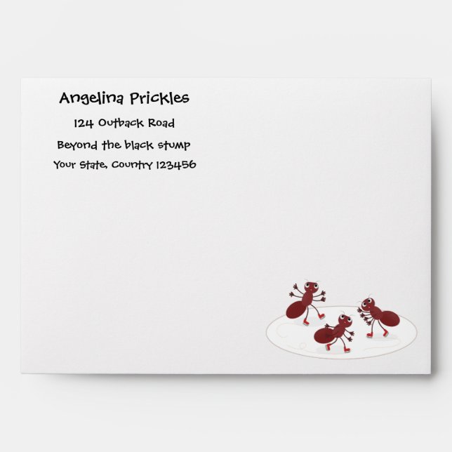 Happy red ants ice skating cartoon envelope (Front)