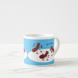 Happy red ants ice skating cartoon espresso cup
