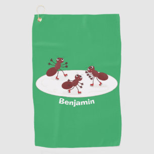 Happy red ants ice skating cartoon  golf towel