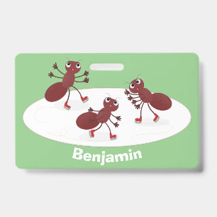Happy red ants ice skating cartoon ID badge