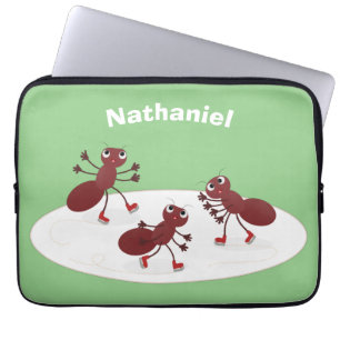 Happy red ants ice skating cartoon laptop sleeve
