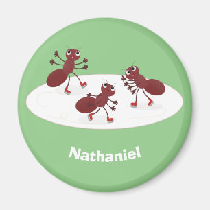 Happy red ants ice skating cartoon magnet