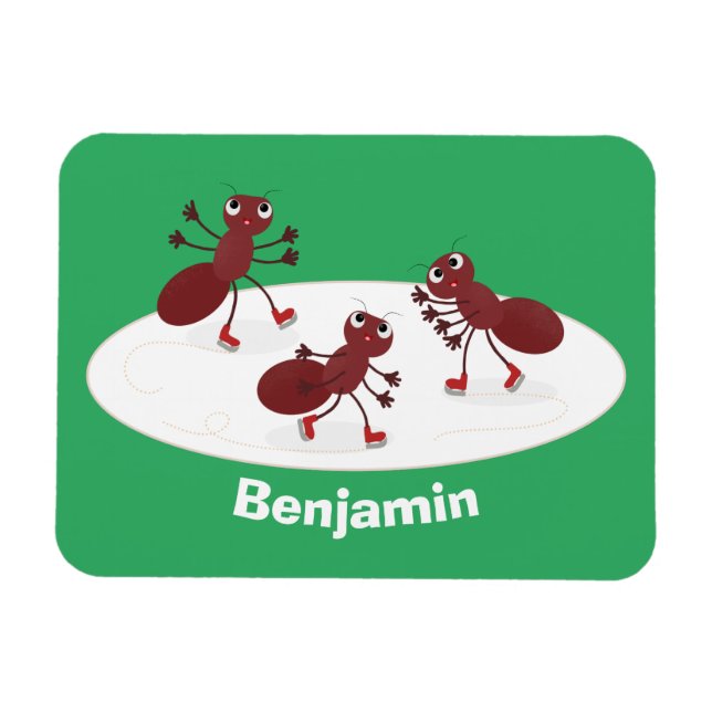 Happy red ants ice skating cartoon magnet (Horizontal)