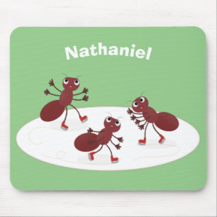 Happy red ants ice skating cartoon mouse pad