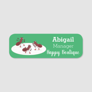 Happy red ants ice skating cartoon  name tag