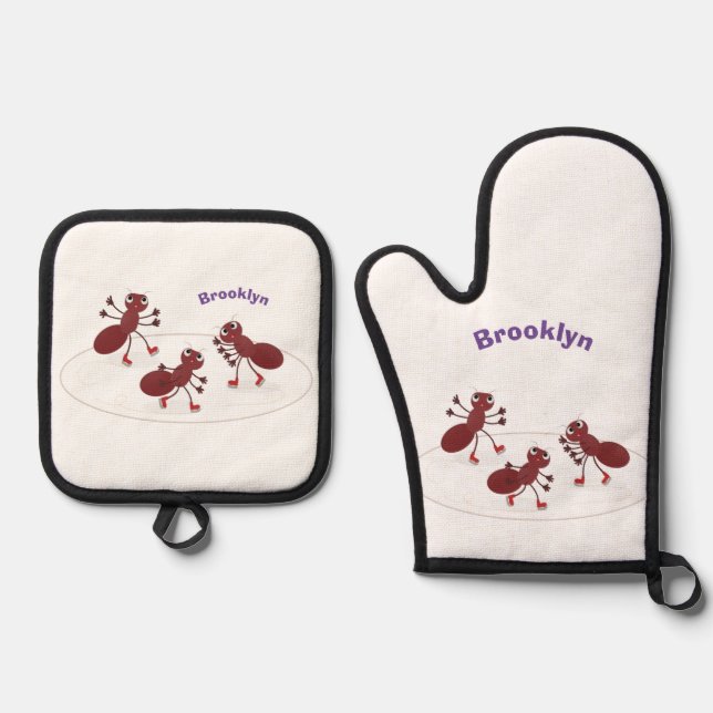 Happy red ants ice skating cartoon oven mitt & pot holder set (Front)