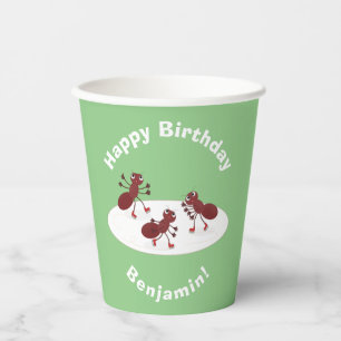 Happy red ants ice skating cartoon paper cups