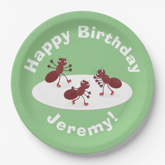 Happy red ants ice skating cartoon paper plate (Front)