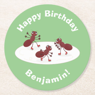 Happy red ants ice skating cartoon round paper coaster