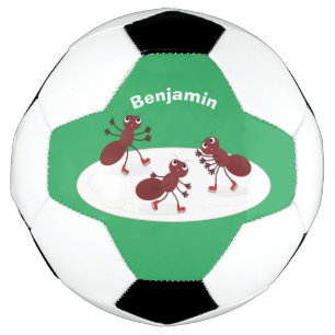 Happy red ants ice skating cartoon soccer ball