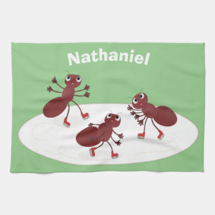 Happy red ants ice skating cartoon tea towel