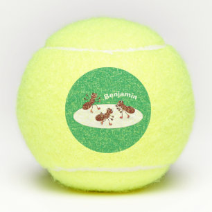 Happy red ants ice skating cartoon tennis balls