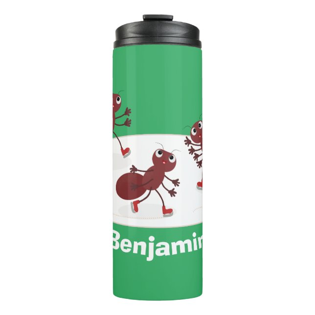 Happy red ants ice skating cartoon thermal tumbler (Front)
