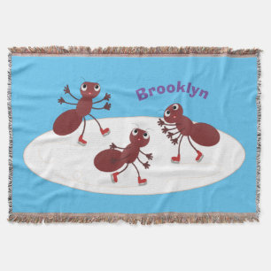 Happy red ants ice skating cartoon throw blanket