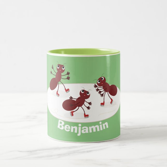 Happy red ants ice skating cartoon Two-Tone coffee mug (Center)