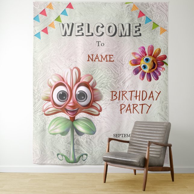Happy Red Flowers Birthday Party Backdrop Tapestry (In Situ)